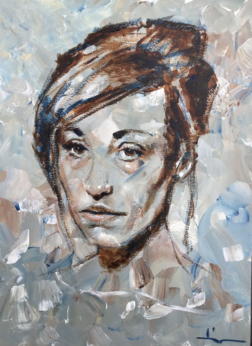Expressive Portrait Acrylic Painting By Dominique Deve, 12 X 16, Predilection, Original Artwork