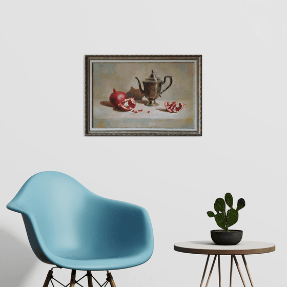"English guest and pomegranates" still life teapot pomegranates liGHt original painting  GIFT (2020)