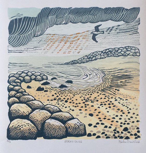 Stormy skies. Original handmade linocut. Limited edition reduction linoprint. Helen Maxfield.