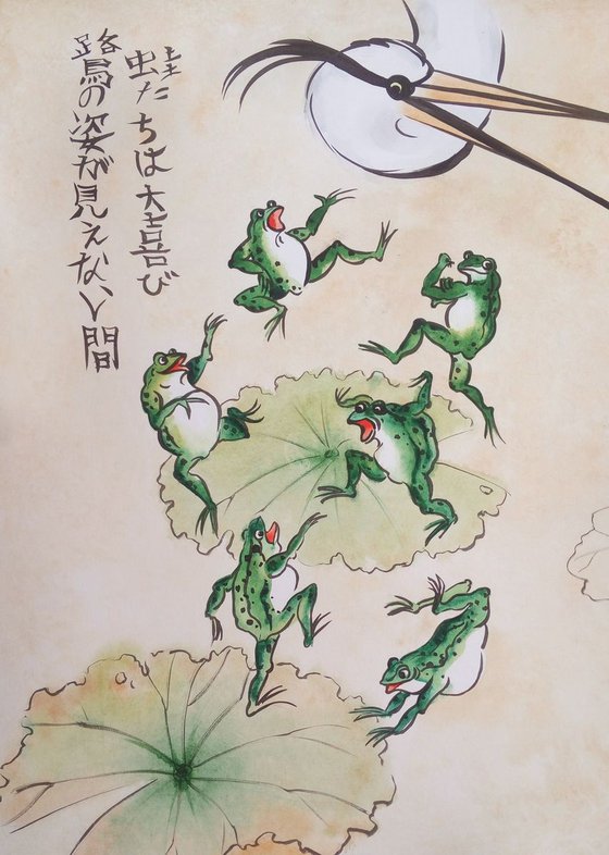 AN INTERRUPTED PARTY six frogs scatter threatened by heron - Japanese style