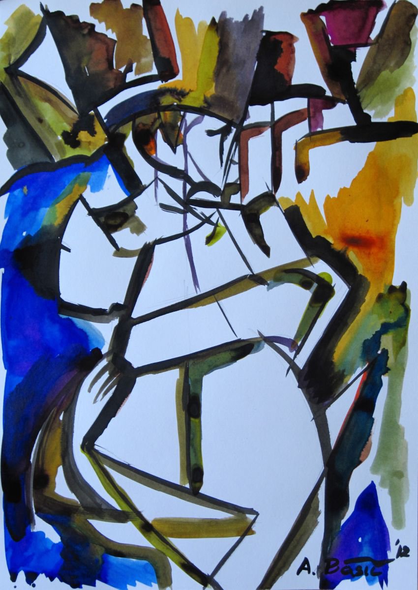 Geometric Portrait Ink Drawing By Aleksandar Basic, 12 X 17, Londoner 6, Original Artwork