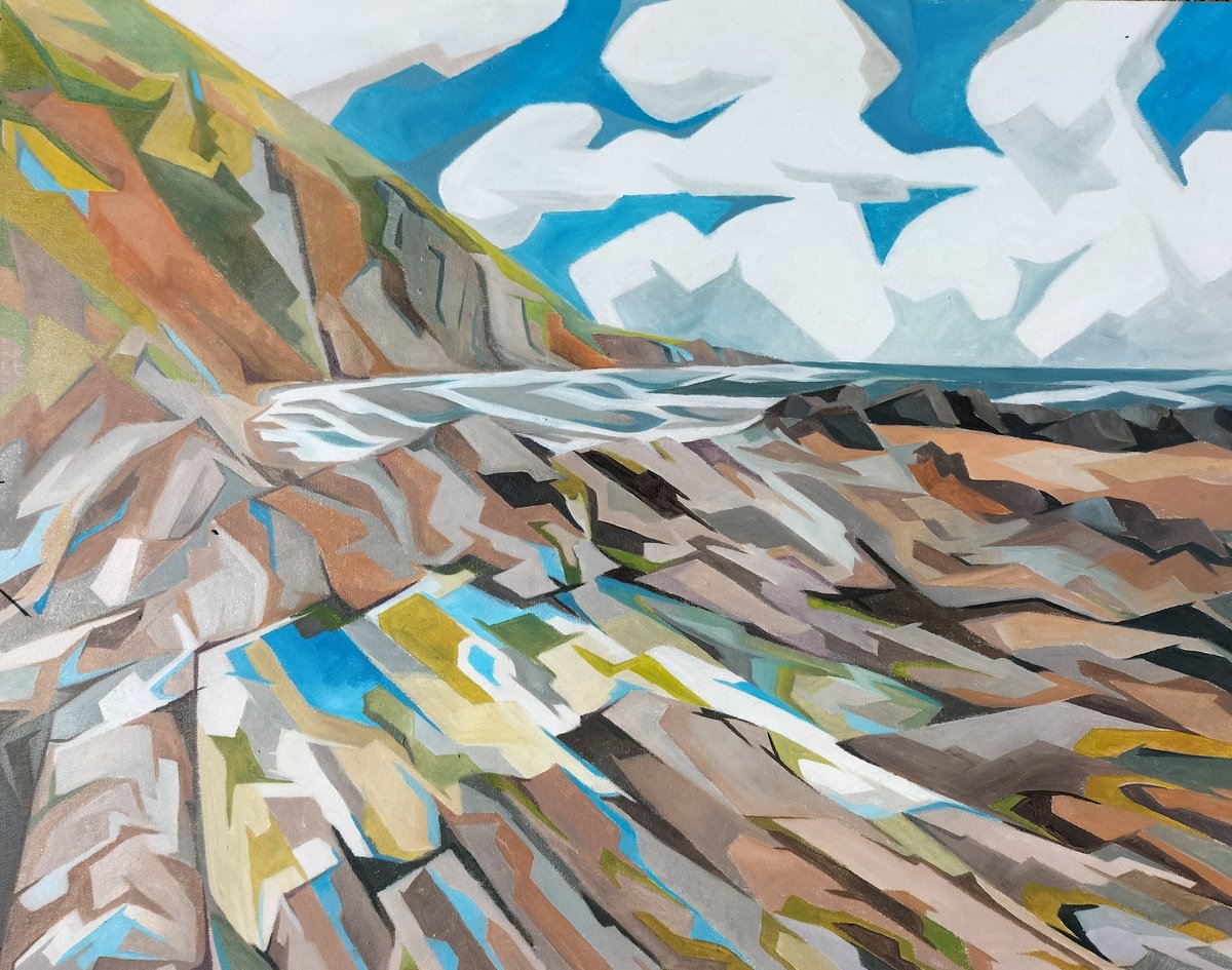 Geometric Oil Painting , Stoke Beach, Looking East By Andrew Clayton, 30 X 24, Artwork For Sale On Artfinder