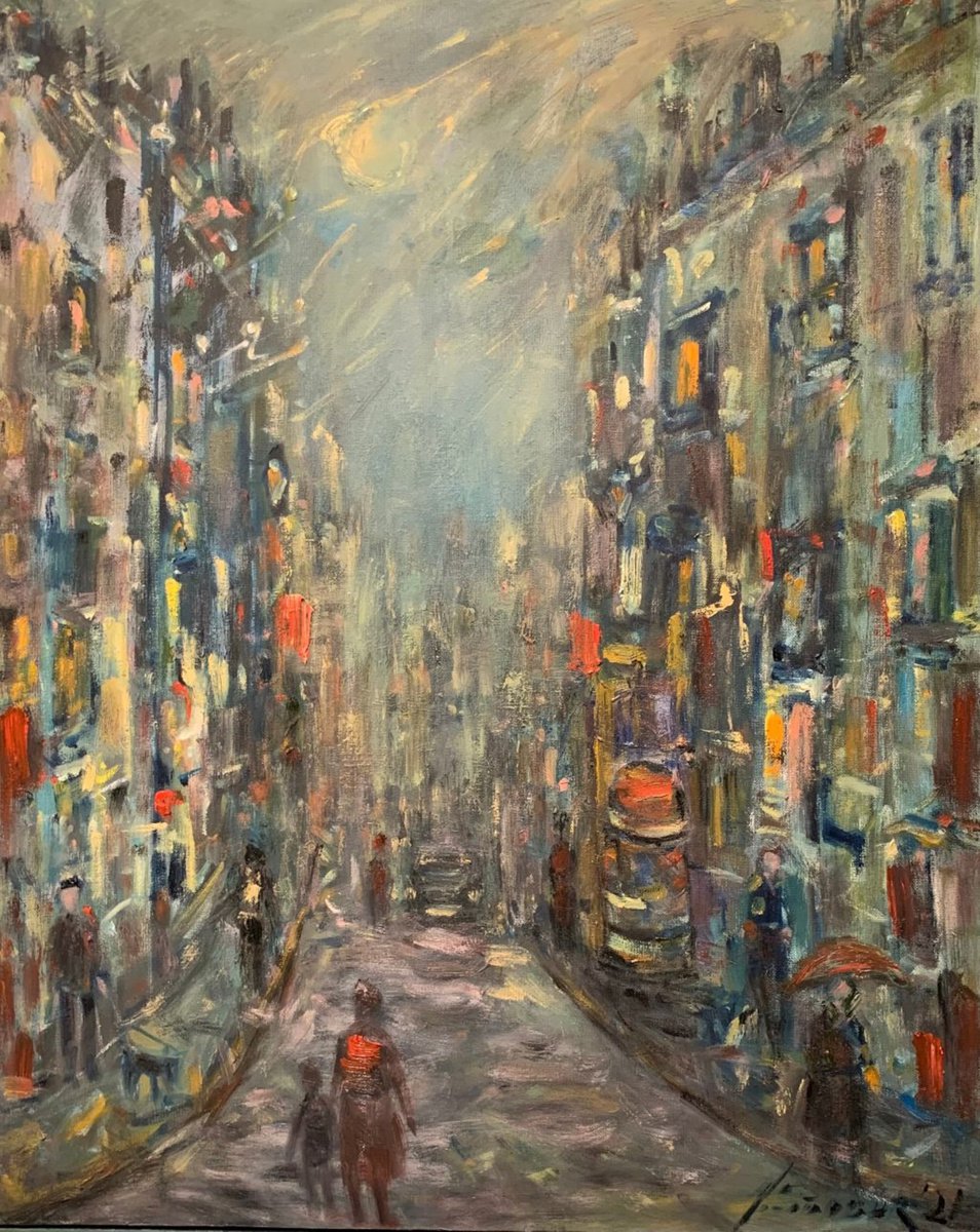 Expressive Cityscapes Oil Painting By Adel Sansur, 24 X 30, Paris At Dusk, Rue St Denis, Original Artwork