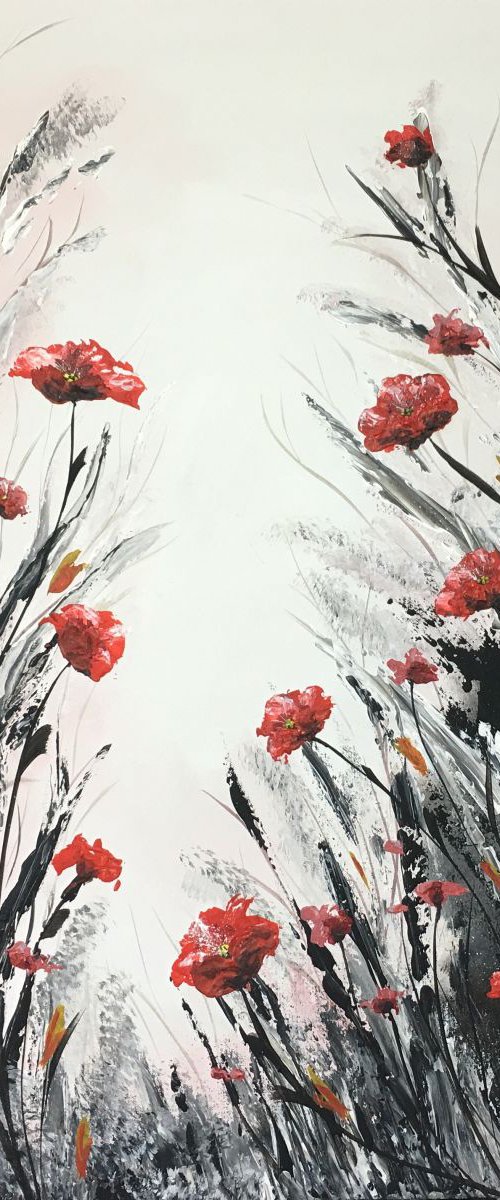 Large Textured red poppy painting by Marja Brown