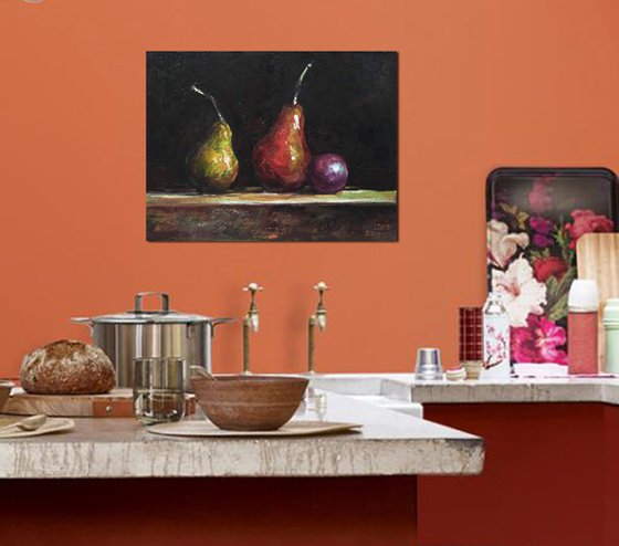 Still life with pears and plum