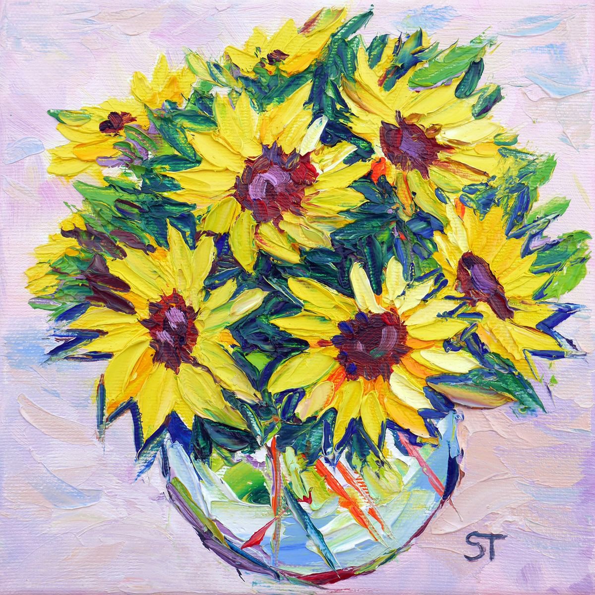 Sunflowers in a glass original oil floral painting on canvas, small wall decor, gift ide... by Tashe