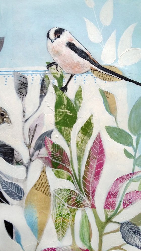 And the little bird said... ( China jug and birds mixed media painting )