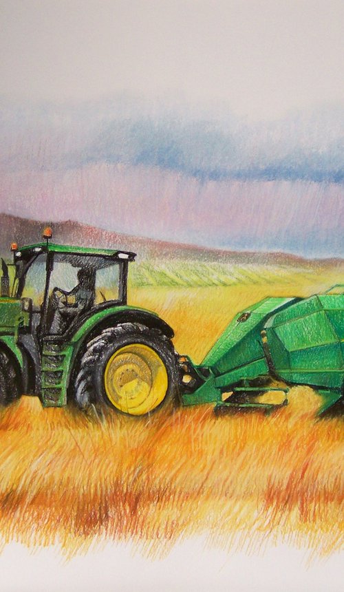 Green tractor on the yellow wheat field. by Olga David