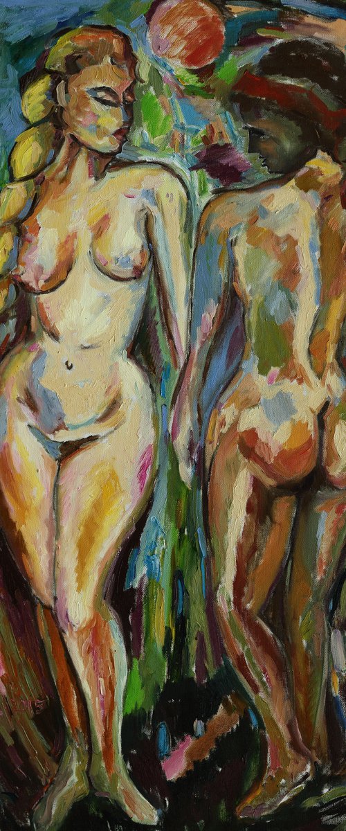 ONE SUN FOR TWO - Gemini zodiac sign- large nude art, original oil painting, two girls nudes, figurative, love, lovers, sun, erotic, erotism, office interior home decore  180x120 by Karakhan