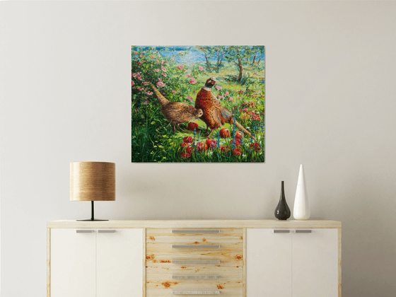 PHEASANTS IN APPLE GARDEN
