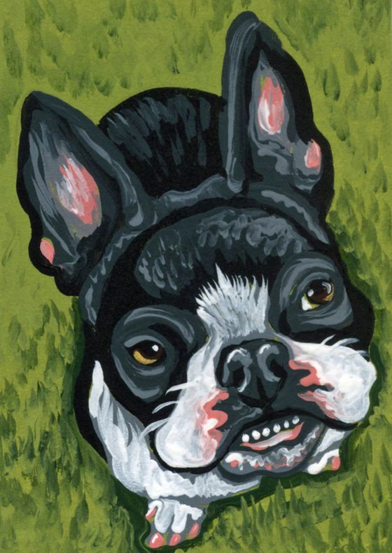 ACEO ATC Original Painting Black French Bulldog Pet Dog Art-Carla Smale