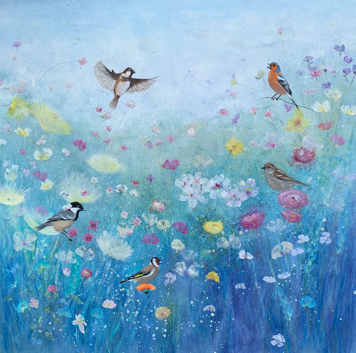 Impressionistic Animal Oil Painting By Laure Bury, 35 X 35", Songbirds In The Garden, Original Artwork