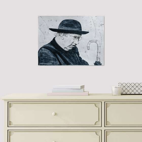 Father Brown. Portrait. Monochrome watercolor painting.