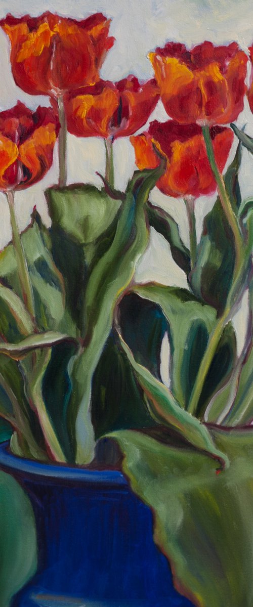 Tulips in a Blue Vase by Liudmila Pisliakova