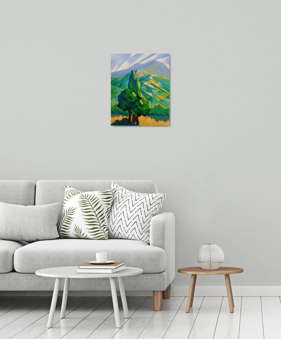 Alone tree (45x55cm, cubism, oil painting, ready to hang)