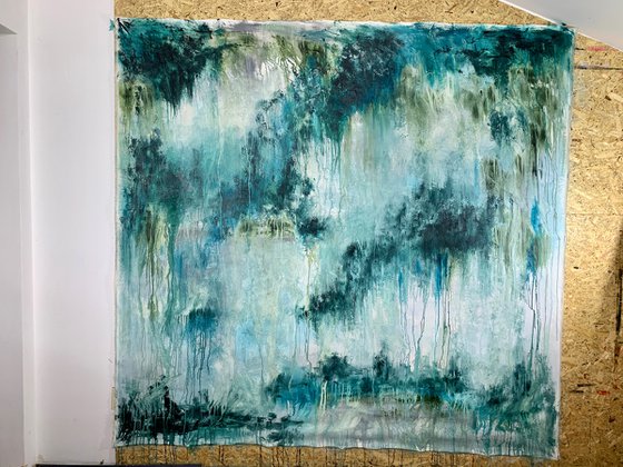 78''X75''(200X190CM), The Sacred Land, blue, olive green, turquoise, green black, texture, land earth colors canvas art  - xxxl art - abstract art painting- extra large art