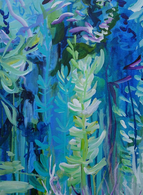 Abstract Tropical Flowers. Floral Garden. Magic Garden. Abstract Blue Floral Original Painting on Canvas 46x61cm Modern Art