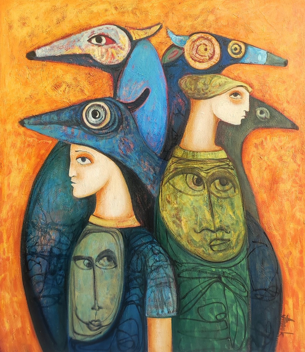 Expressive Portrait Oil Painting By Anna Soghomonyan, 28 X 31, Monsters Of Childhood, Original Artwork