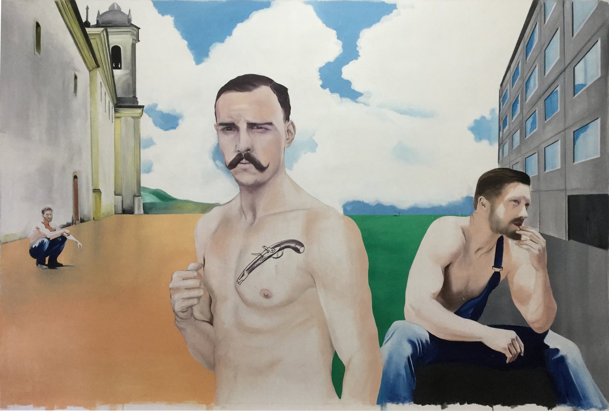 Urban And Pop Portrait Oil Painting By Kujbus Janos, 79 X 53", Break At Work, Original Artwork