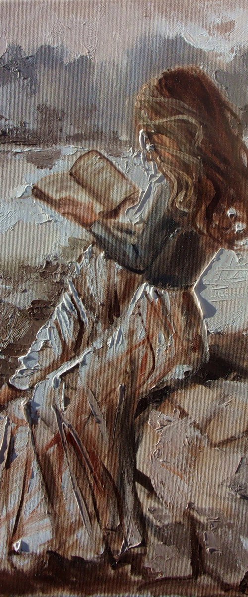 " LONG TIME AGO ... "- SKY SEA SAND liGHt  ORIGINAL OIL PAINTING, GIFT, PALETTE KNIFE by Monika Luniak