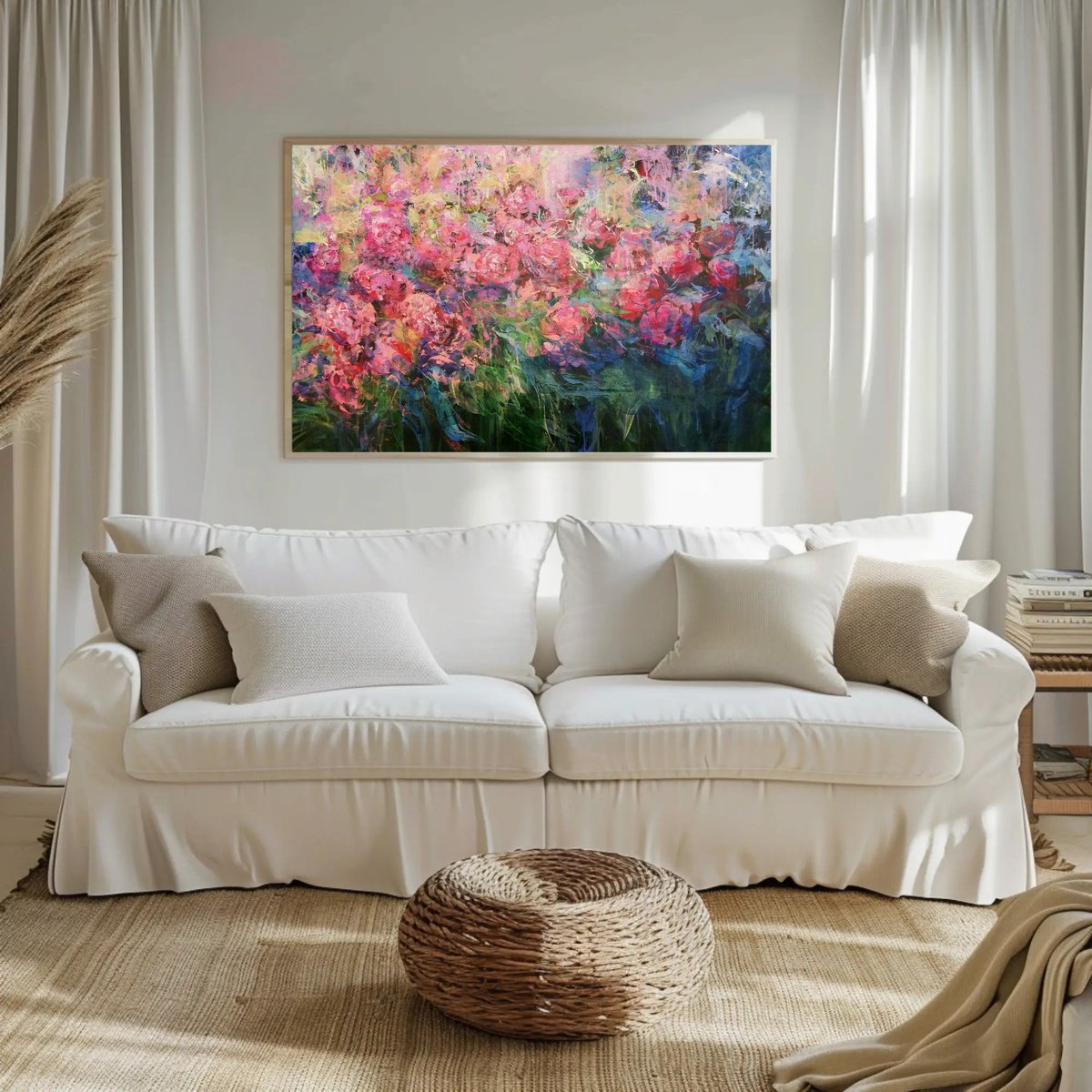 Impressionistic Botanical Acrylic Painting By Katia Solodka, 47 X 31", Vibrant Garden Symphony 1, Original Artwork