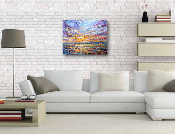 Lavender sky - Original Sunset Painting on Canvas, Heavy impasto seascape artwork