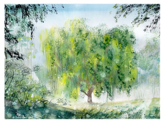 Landscape with a weeping willow tree. # 2. Watercolour landscape painting