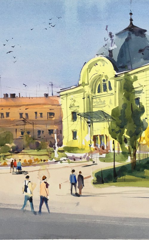 Original watercolor painting “Morning. Chernivtsi” by Andrii Kovalyk