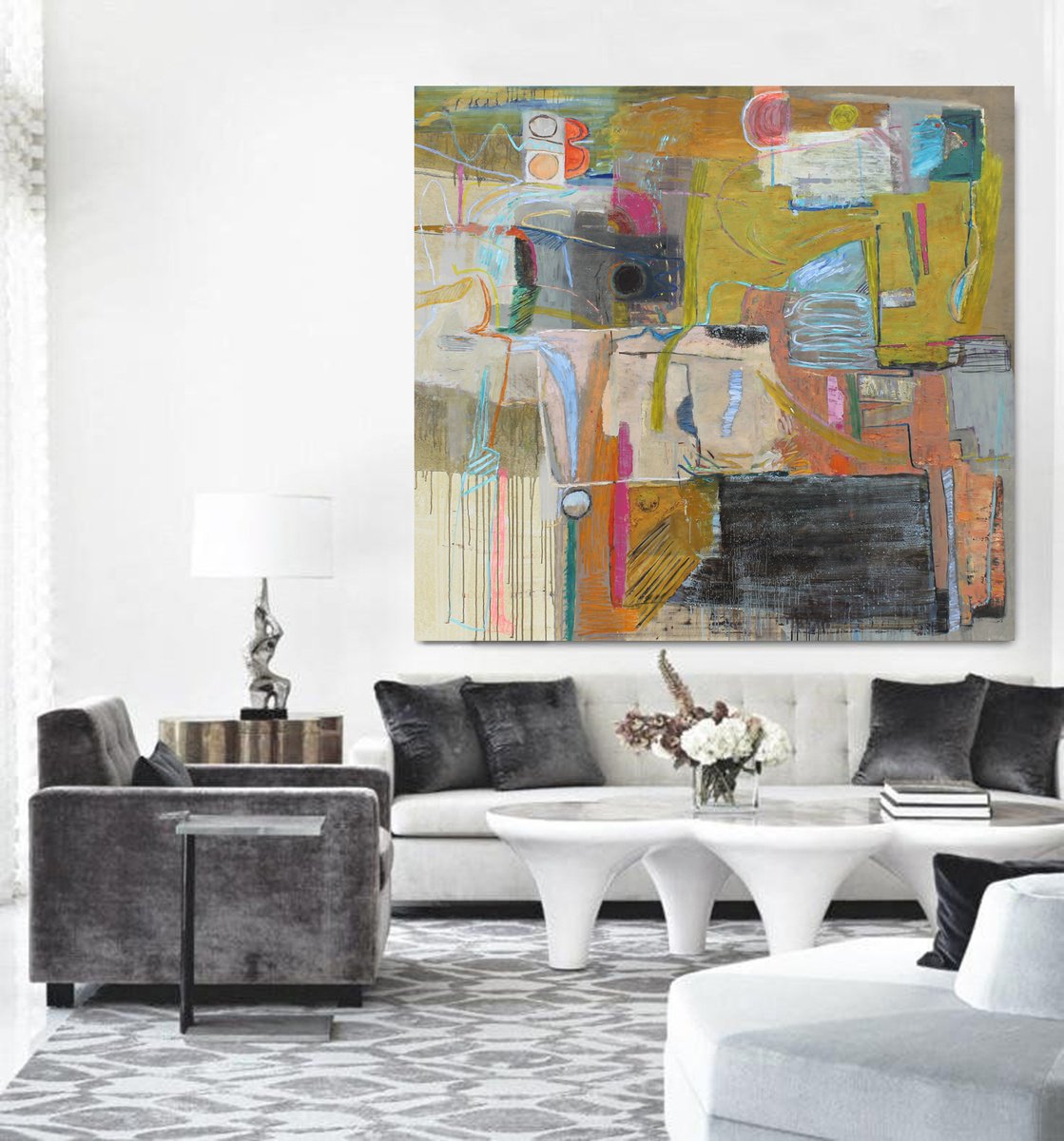 Geometric Abstract Acrylic Painting By Sergiy Dekalyuk, 81 X 76", Summer. Evening Silence, Original Artwork