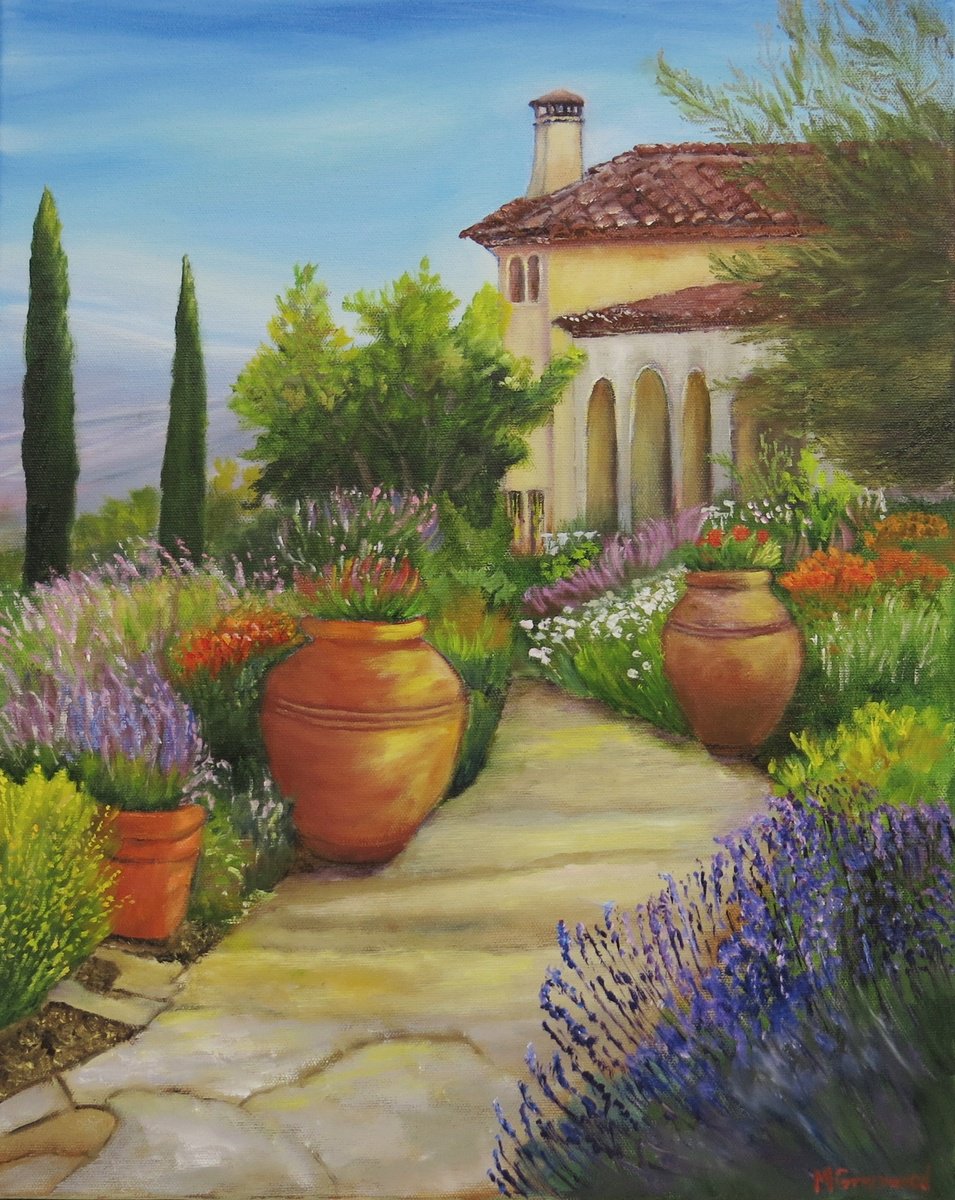 Impressionistic Landscape Oil Painting By Maureen Greenwood, 16 X 20", A Mediterranean Garden, Original Artwork