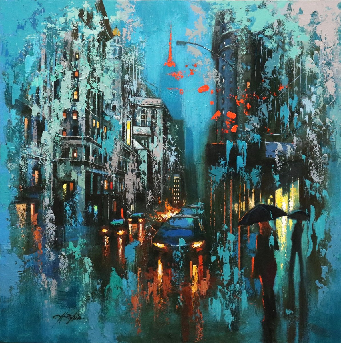 Expressive Cityscapes Oil Painting By Chin H Shin, 36 X 36, The Myth Of New York 5, Original Artwork