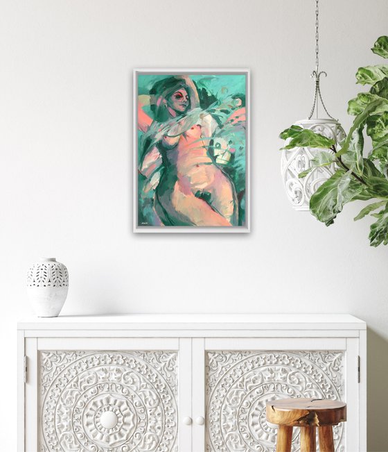 NAKED IN EMERALD - erotic semi-abstract wall art with a naked woman in pink and sky-blue colors