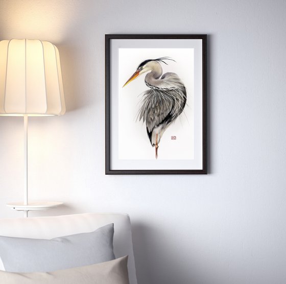 Dapper Bird  - Grey heron  - Great Blue Heron - bird painting -  heron