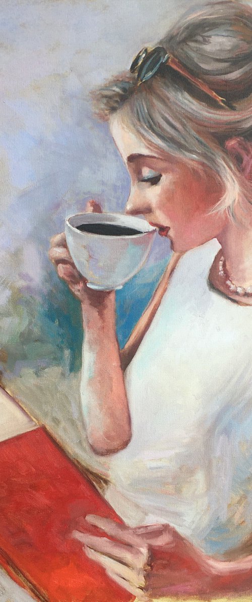 Woman drinks coffee, Coffee time, people painting by Leo Khomich