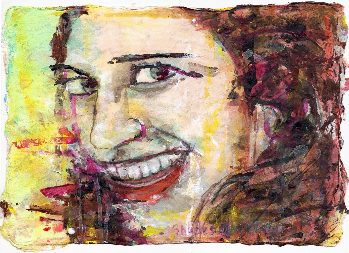 Expressive Portrait Acrylic Painting By Gordon T., 13 X 10, Shades Of Yellow, Original Artwork