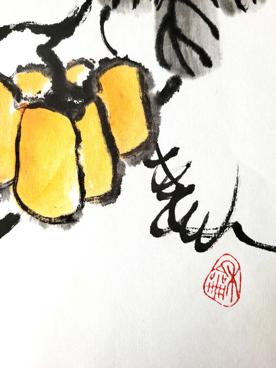 Pumpkin and two bees - Pumpkin series No. 01 - Oriental Chinese Ink Painting