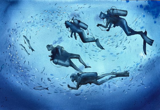 A group of divers deep underwater. Original artwork.