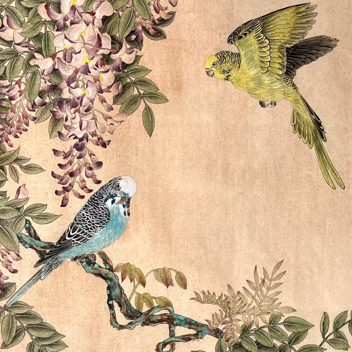 Illustrative Animal Watercolour By Fiona Sheng, 15 X 27, Wisteria &Amp; Parakeets, Original Artwork