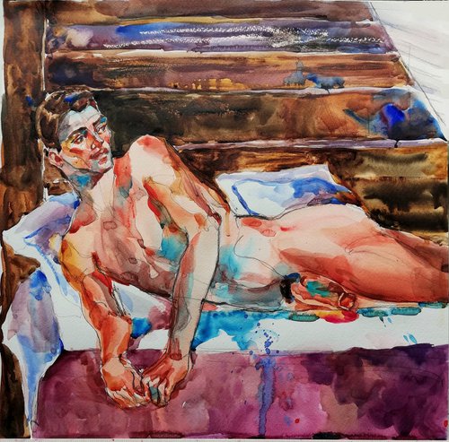 Male Nude in Rustic Interior by Jelena Djokic