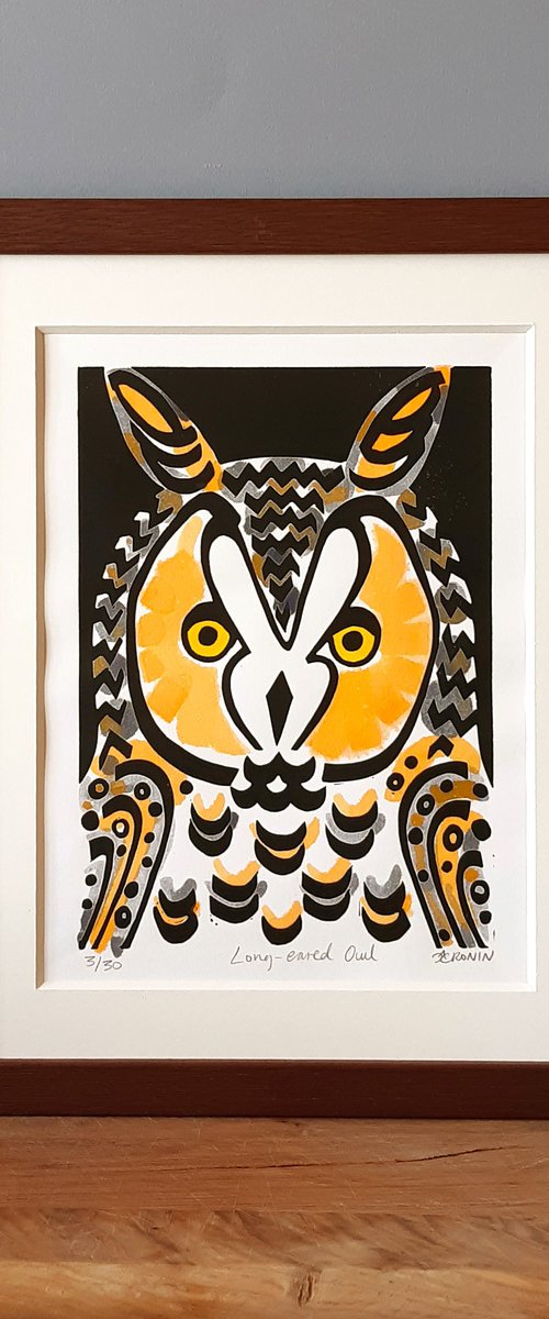 Framed Long-eared Owl limited edition linocut (coloured 3/30) by Catherine Cronin