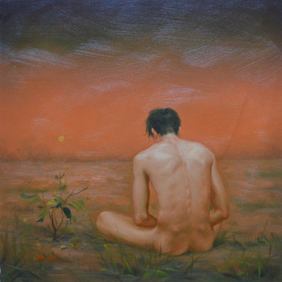 original Oil paintingl art male nude boy  in the sunset on linen  #16-5-1-07