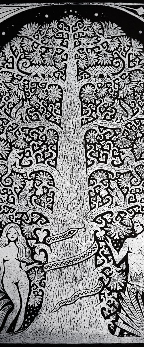 Adam and Eve linocut print. by Anna Grincuka