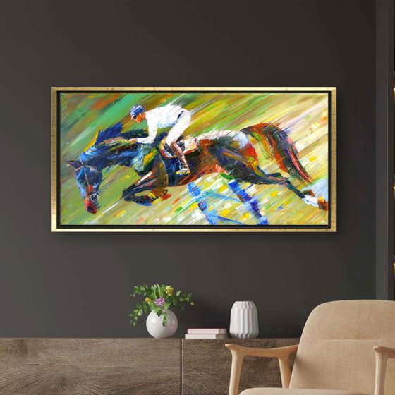 Graceful Horse Leap: Dynamic Equestrian Artwork in Vibrant Oil Colors