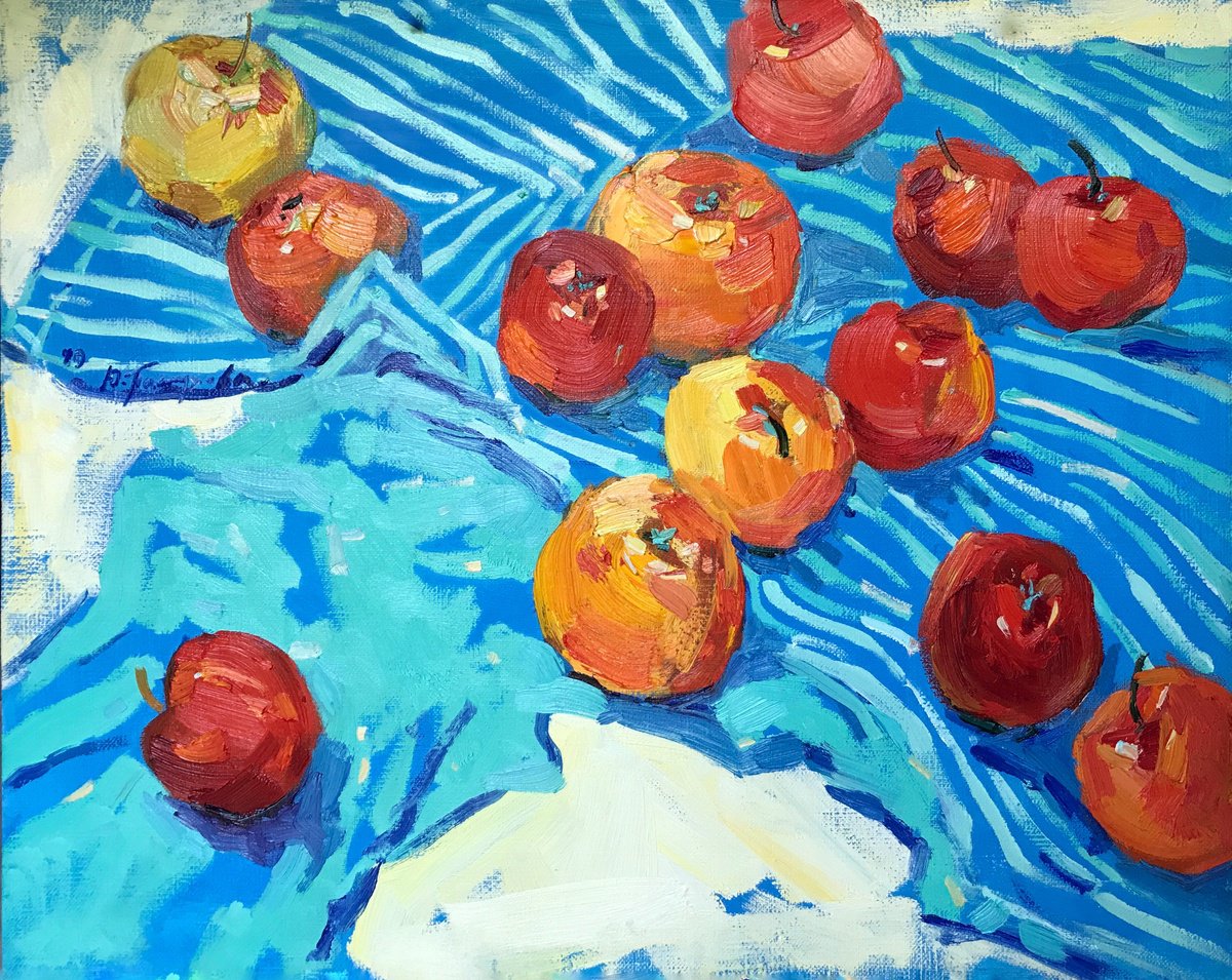 Impressionistic Botanical Oil Painting By Yuliia Pastukhova, 20 X 16", Apples, Original Artwork