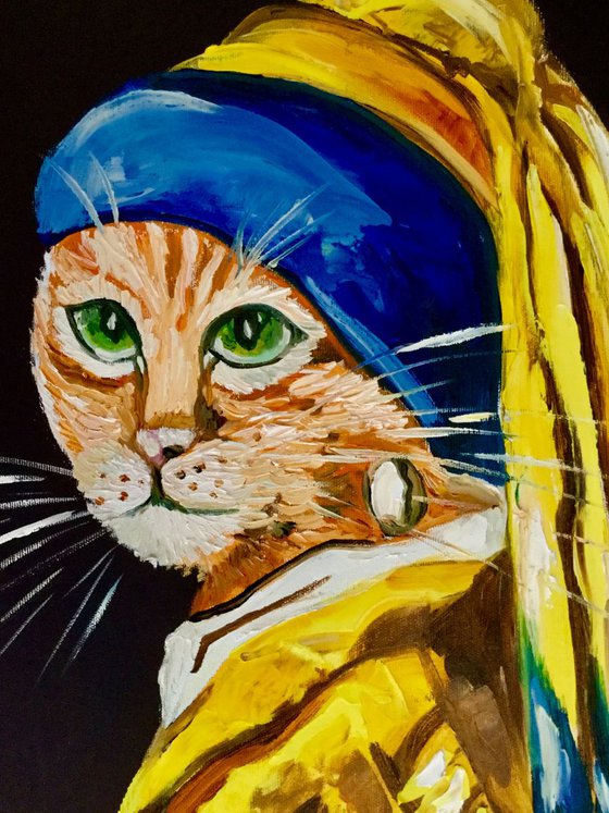 Cat with the pearl earring inspired by Vermeer painting modern home wall decor palette knife urban art feline art for cat lovers gift idea
