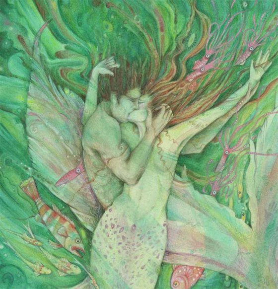 The Mermaid and the Sailor painting of mermaid lovers in watercolor