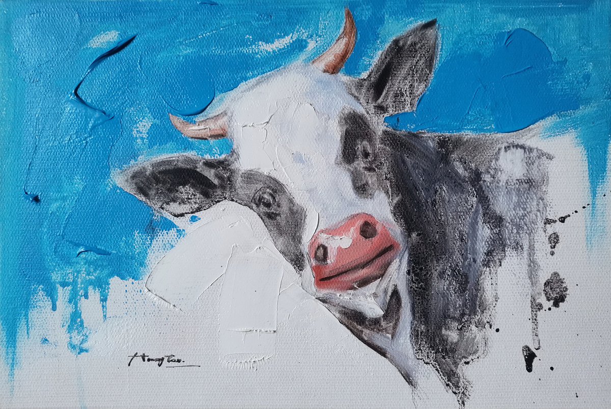 Impressionistic Animal Oil Painting By Hongtao Huang, 12 X 8, Good Luck, Original Artwork