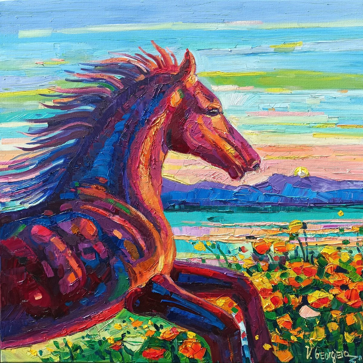 Impressionistic Animal Oil Painting By Vanya Georgieva, 24 X 24", Towards Sunset, Original Artwork