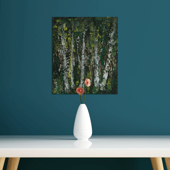 Birch Grove - expressive painting with strong textures