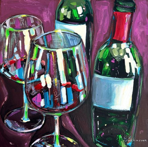 Still Life with Glasses and Wine Bottles by Victoria Sukhasyan